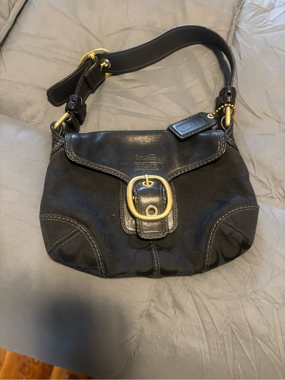 Coach Black Canvas and Leather Shoulder Bag with Brass Buckle